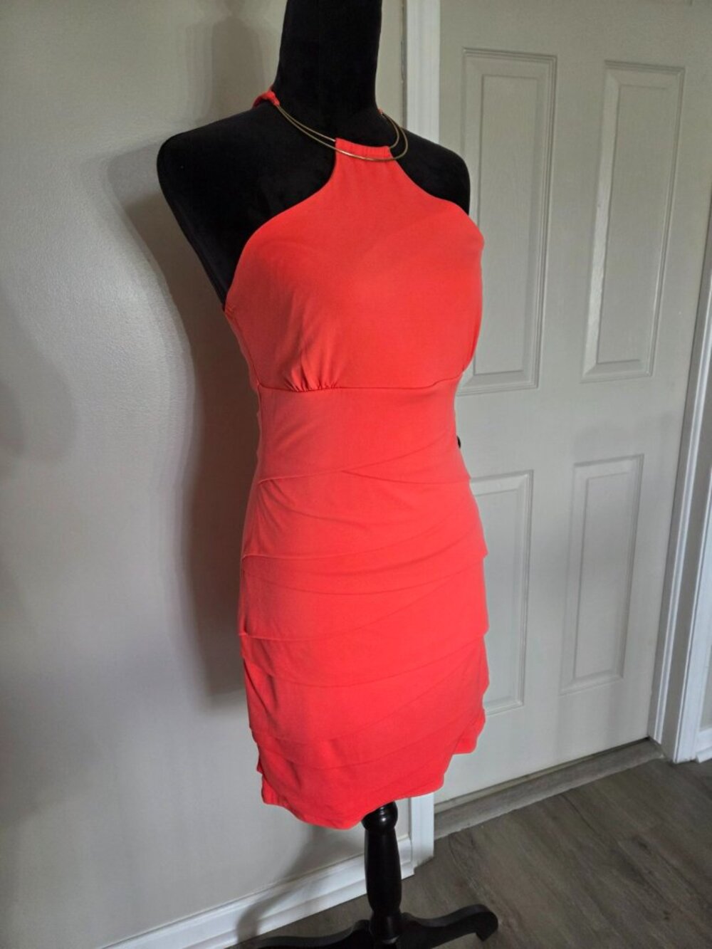 Honey and Rosie Coral Ruched Halter Cocktail Dress L